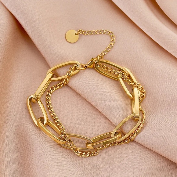 Exaggerated Cuban 18K Gold Titanium Steel Hollow Thick Double Chain Bracelet - Picture 8 of 11
